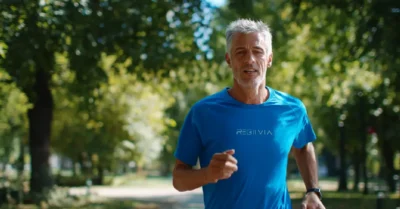 Corredor de más de 40 años consultando su tiempo en una carrera de 5 km durante una mañana de primavera
