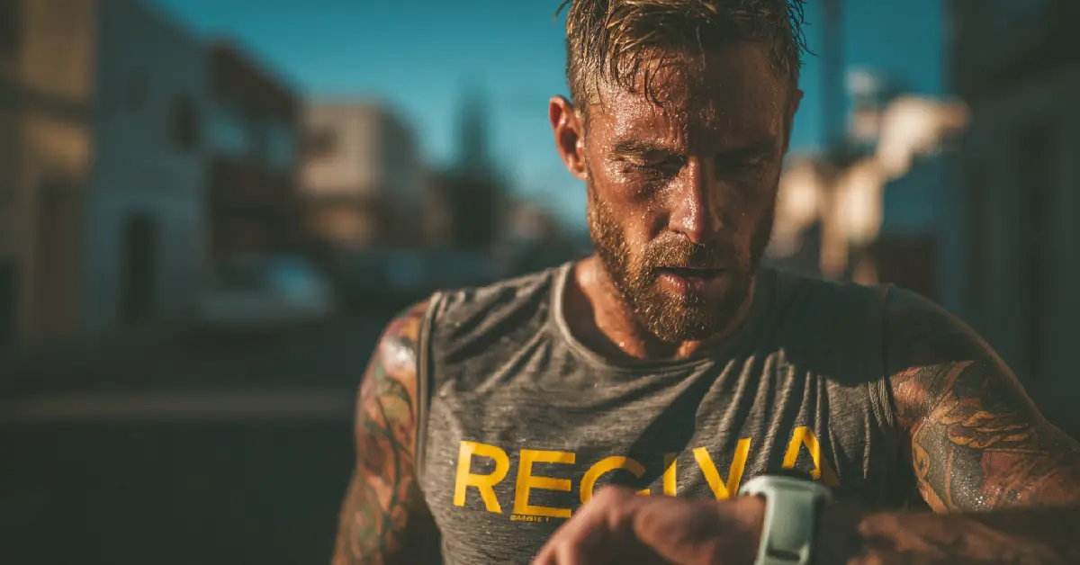Runner amatoriale stanco dopo una gara di 10 km mentre guarda il cronometro sull’orologio GPS