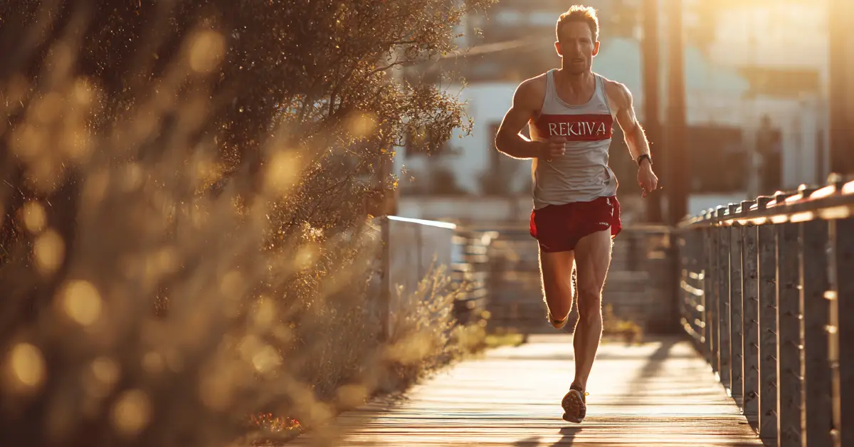 Runner amatoriale che si allena al ritmo soglia su strada al tramonto durante un allenamento intenso di maggio
