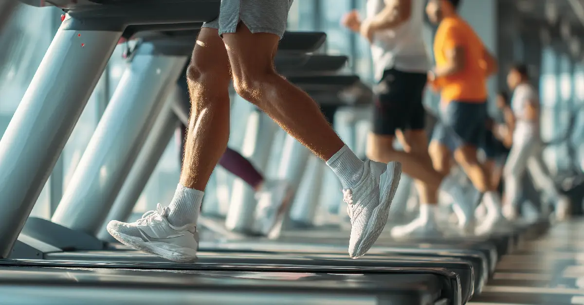 Läufer trainiert auf dem Laufband im Fitnessstudio zur Verbesserung von Ausdauer, Geschwindigkeit und Fettverbrennung Läufer trainiert auf dem Laufband im Fitnessstudio zur Verbesserung von Ausdauer, Geschwindigkeit und Fettverbrennung